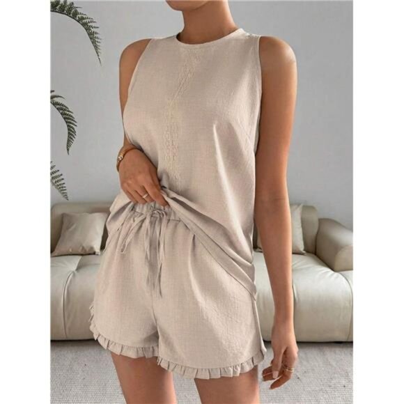 Lace Detail Round Neck Tank and Shorts Set - Picture 2 of 16